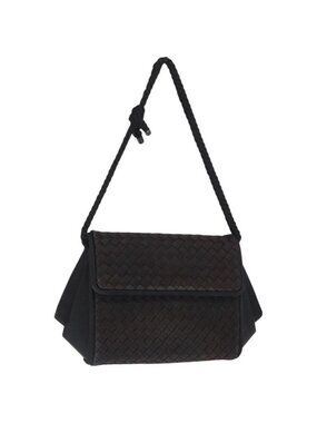 Authentic BOTTEGA VENETA INTRECCIATO Shoulder Bag Satin Black Gold